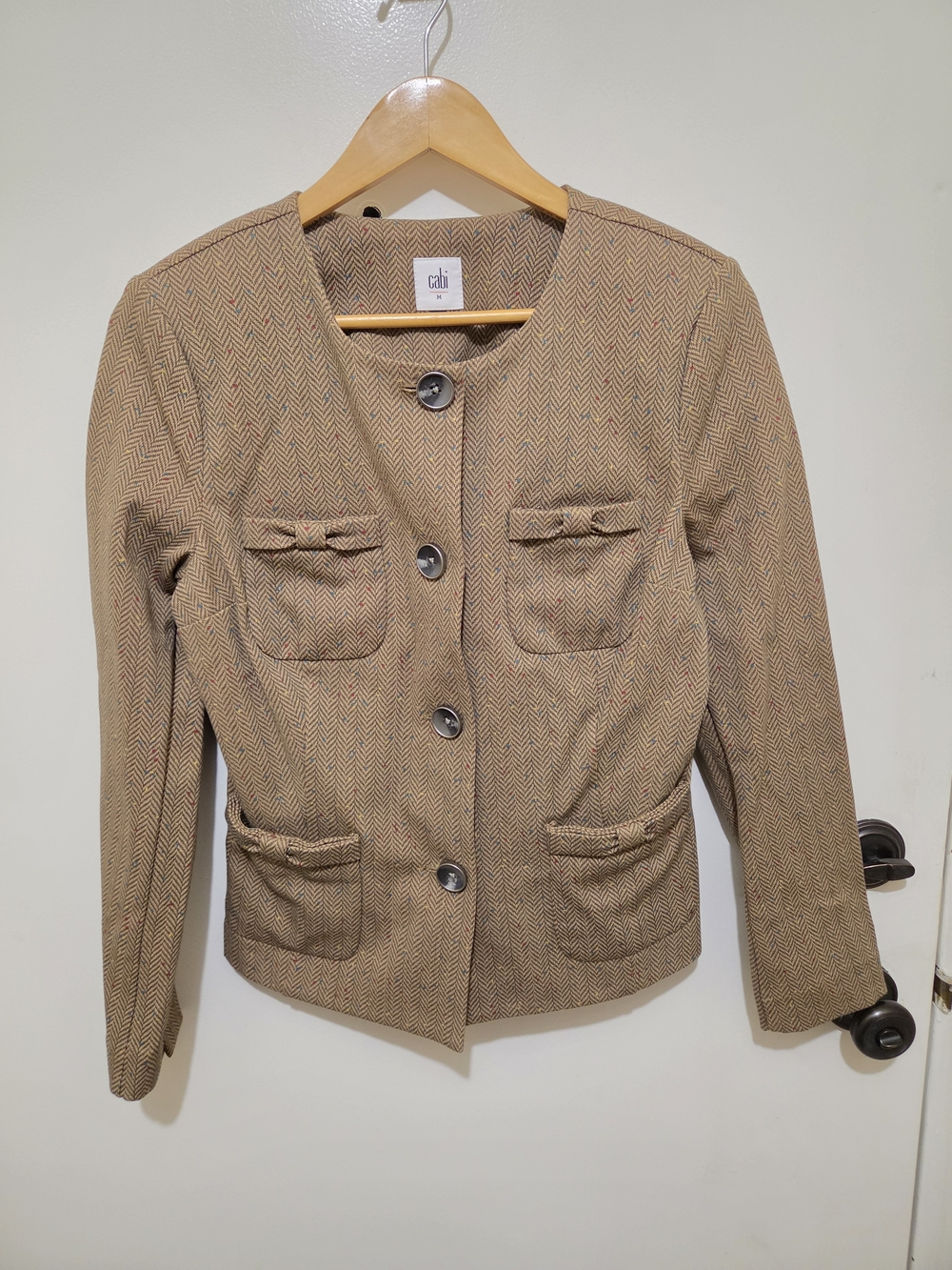 CAbi Women's Tan Herringbone Collarless Blazer